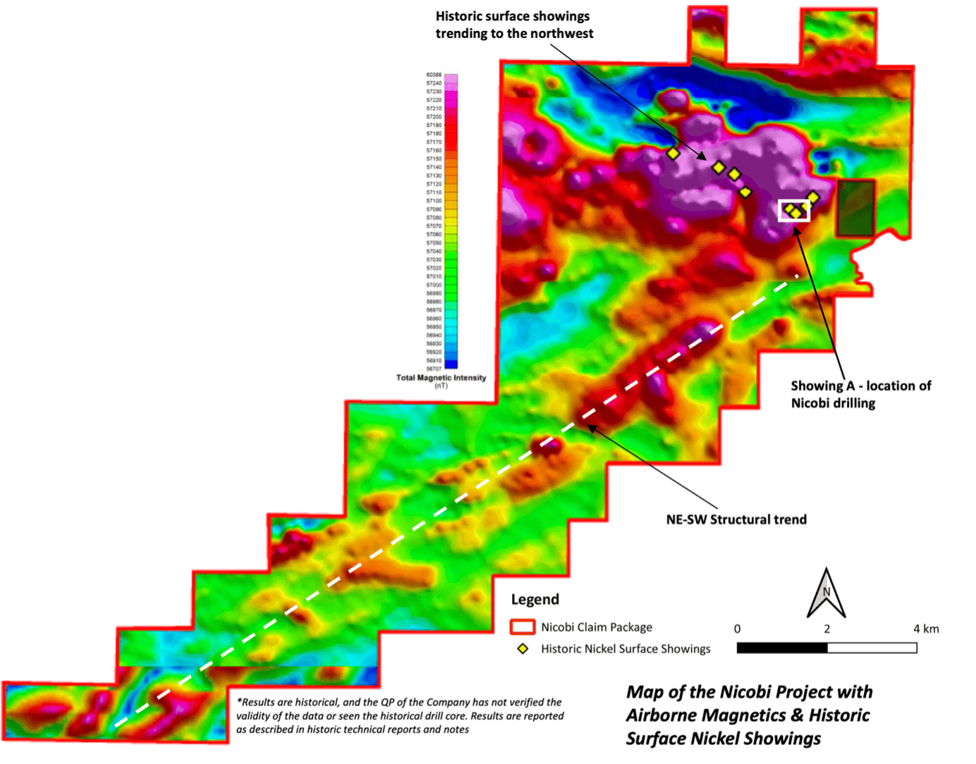 Figure 1. Map displaying the Nicobi claim package and the location of Showing A which was the focus of historic work and has been drill tested by Infinico